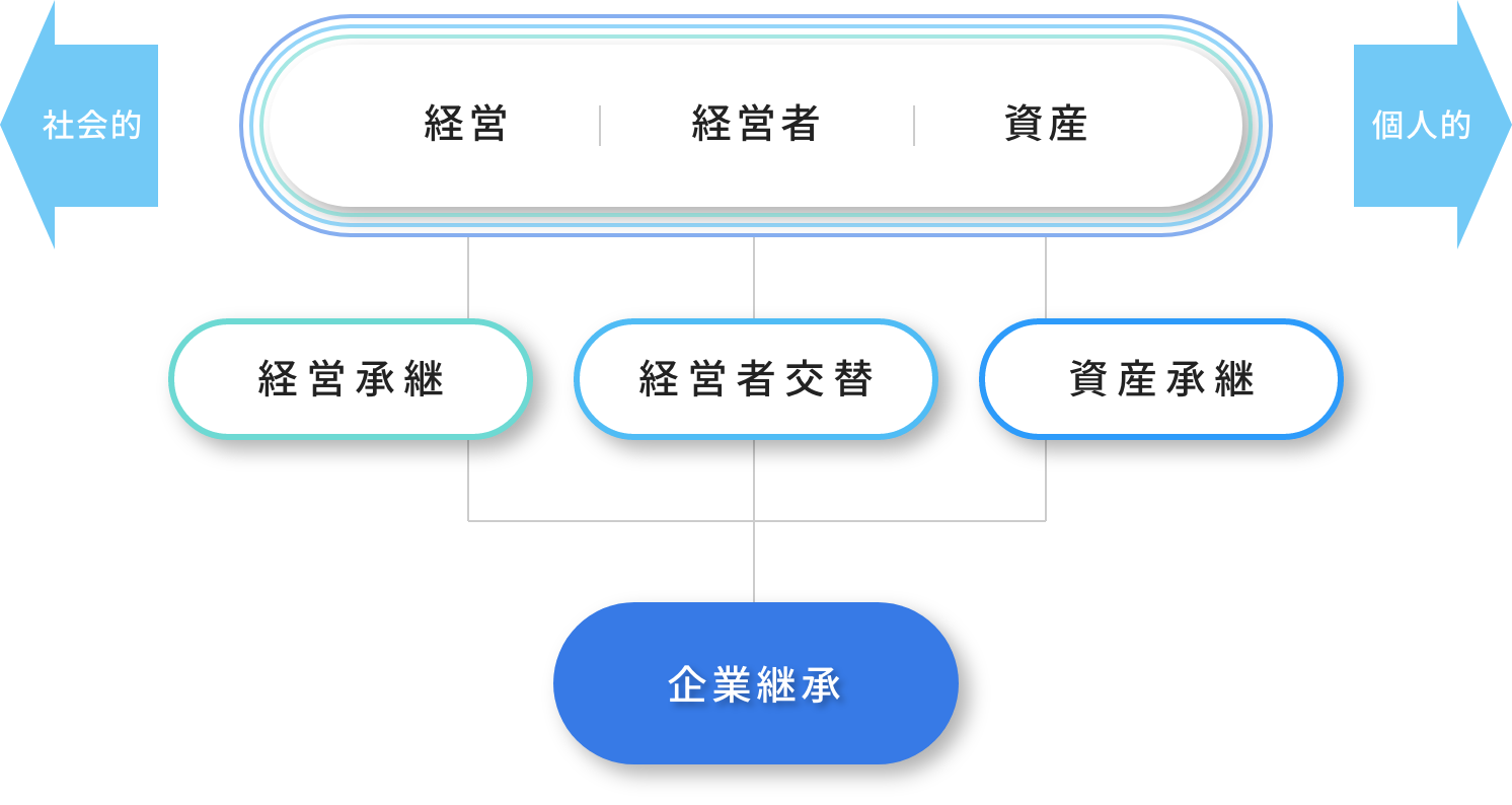 弊社では｢経営承継｣「経営者交替」「資産承継」の総称を「企業継承」と定義しています。